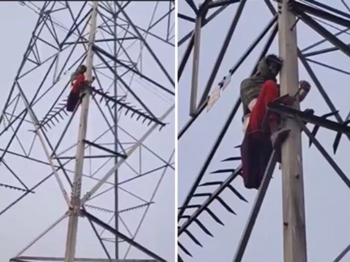 टावर पर चढ़ी युवती